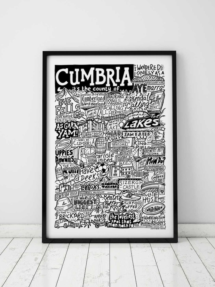 Sketchbook Design Black Cumbria Landmarks Illustration Framed Wall Art Print - Black A4 Frame - Image 1 of 4