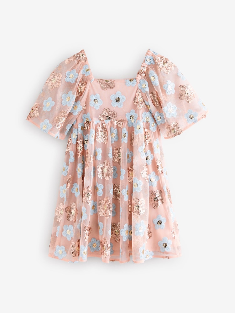 Rose blush/bleu - Fleuri  Sequin Robe (3-16ans) - Image 6 of 8