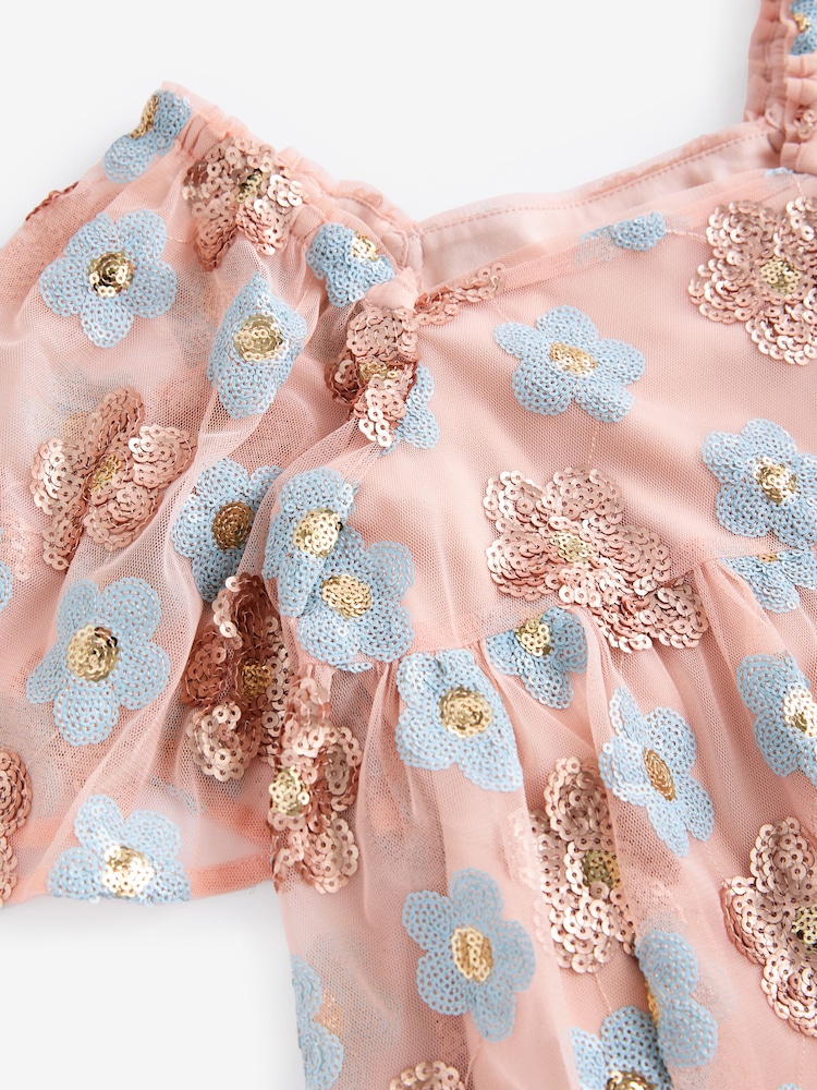 Rose blush/bleu - Fleuri  Sequin Robe (3-16ans) - Image 7 of 8