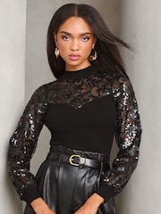 Lipsy Black Woven Sequin Mix Knitted Jumper - Image 3 of 4