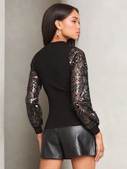 Lipsy Black Woven Sequin Mix Knitted Jumper - Image 4 of 4