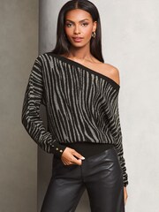 Lipsy Grey Animal Metallic Slash Neck Knit Jumper - Image 1 of 4