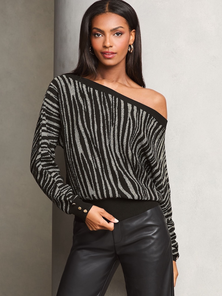 Lipsy Grey Animal Metallic Slash Neck Knit Jumper - Image 1 of 4