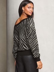 Lipsy Grey Animal Metallic Slash Neck Knit Jumper - Image 4 of 4