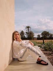 Monochrome 100% Cotton  Embroidered Wide Leg Trouser - Image 1 of 8