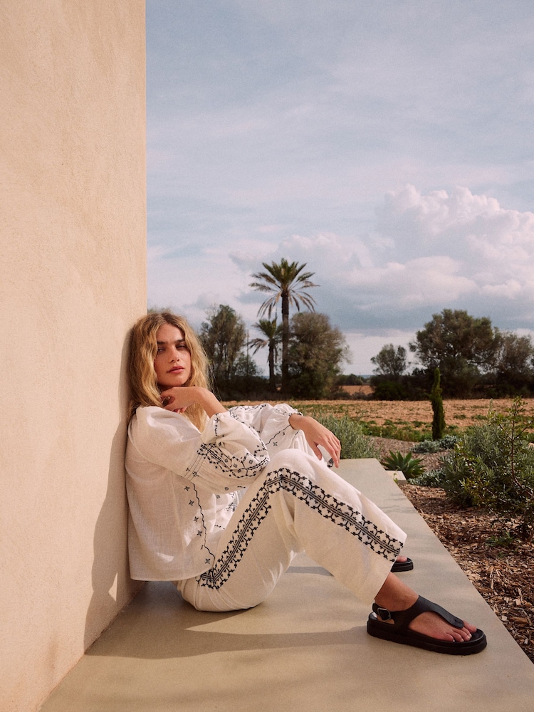 Monochrome 100% Cotton  Embroidered Wide Leg Trouser - Image 1 of 8