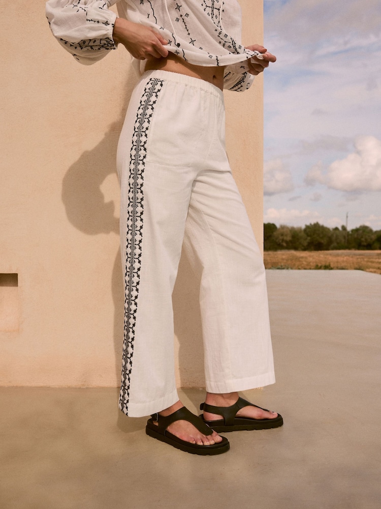 Monochrome 100% Cotton  Embroidered Wide Leg Trouser - Image 2 of 8