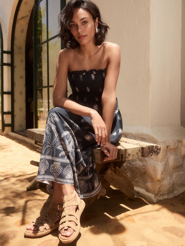 Black/White Shirred Bandeau Midi Dress - Image 1 of 4