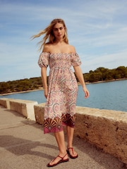 Pink Puff Sleeve Off Shoulder Midi Dress - Image 2 of 6