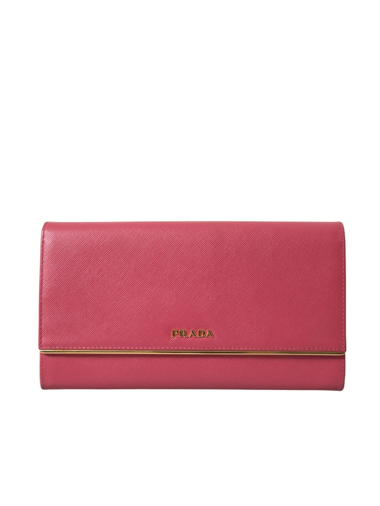 Prada Pink Iconic Saffiano Leather Bifold Wallet with Flap Closure and Gold Metal Detailing - Image 1 of 6