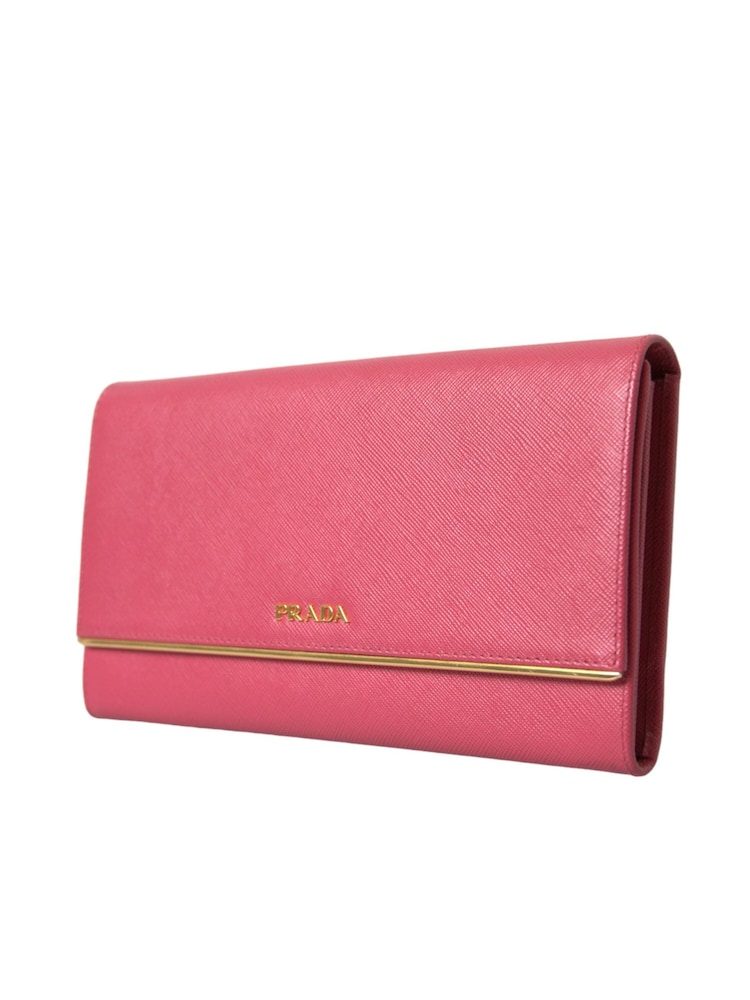 Prada Pink Iconic Saffiano Leather Bifold Wallet with Flap Closure and Gold Metal Detailing - Image 2 of 6