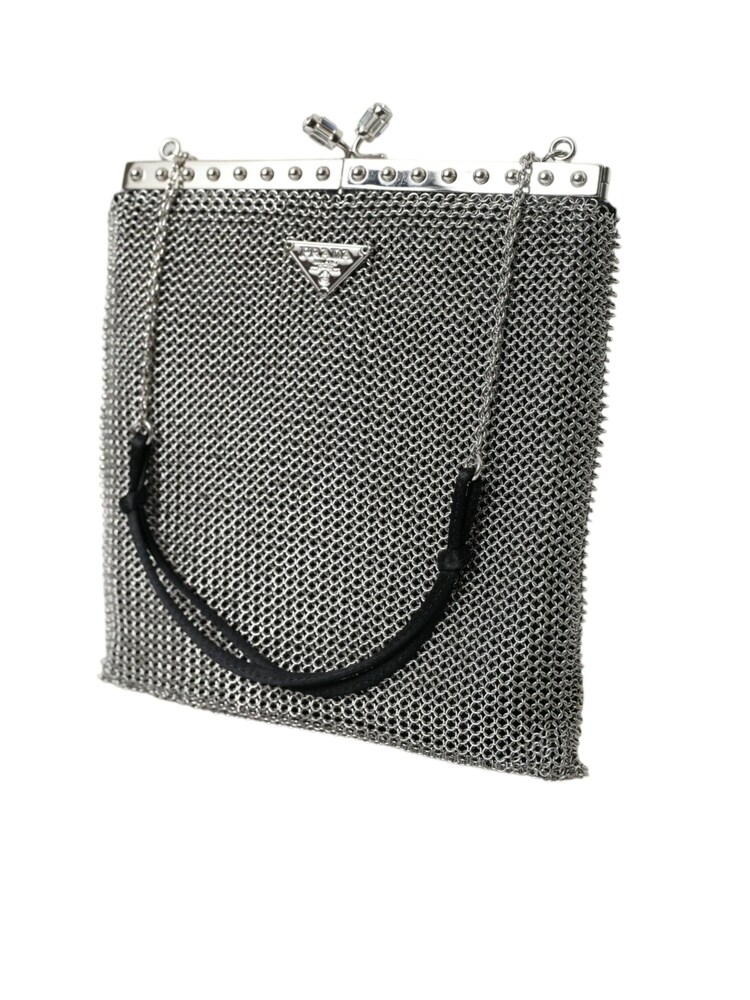 Prada Silver Metal Chain Shoulder Evening Black Bag - Image 2 of 6