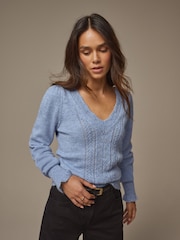 Laura Ashley Blue Pointelle V-Neck Jumper - Image 1 of 6