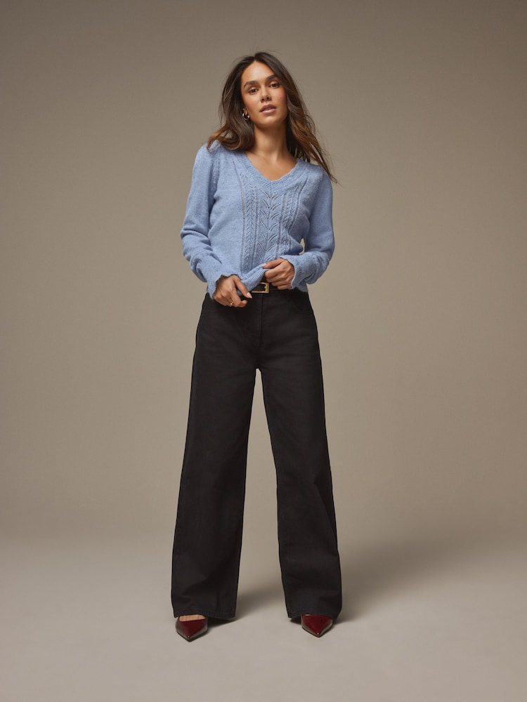Laura Ashley Blue Pointelle V-Neck Jumper - Image 2 of 6