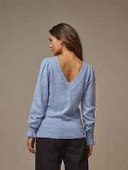 Laura Ashley Blue Pointelle V-Neck Jumper - Image 4 of 6