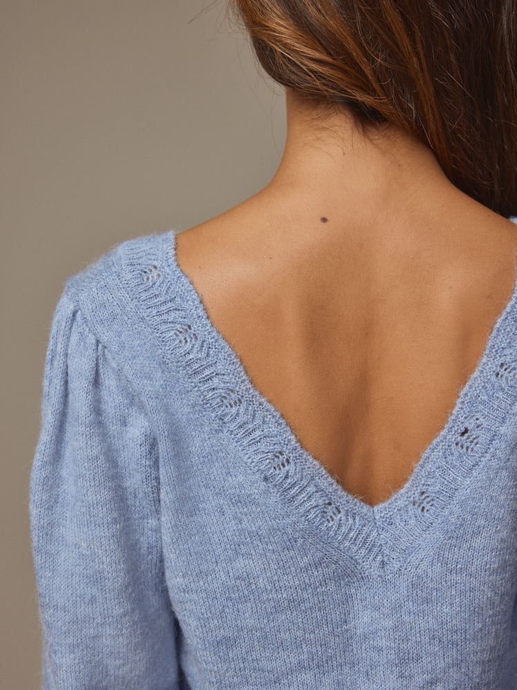 Laura Ashley Blue Pointelle V-Neck Jumper - Image 5 of 6