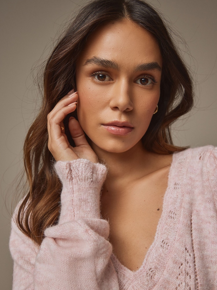 Laura Ashley Pink Pointelle V-Neck Jumper - Image 3 of 8