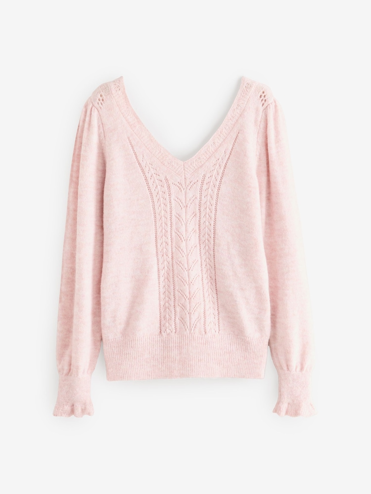 Laura Ashley Pink Pointelle V-Neck Jumper - Image 6 of 8
