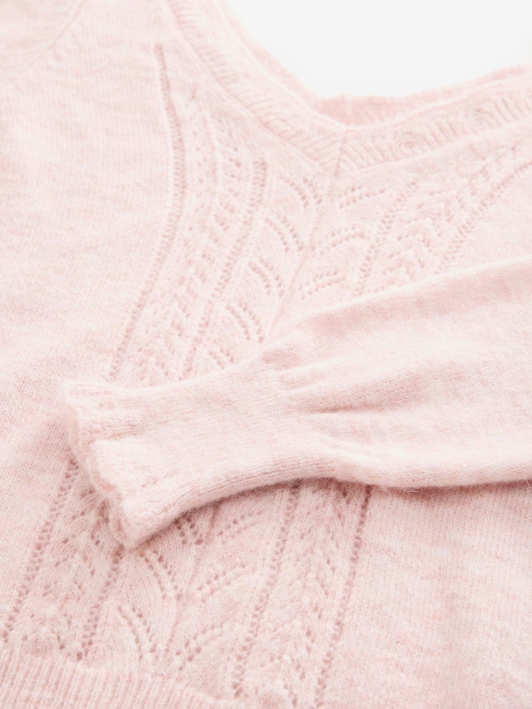 Laura Ashley Pink Pointelle V-Neck Jumper - Image 7 of 8