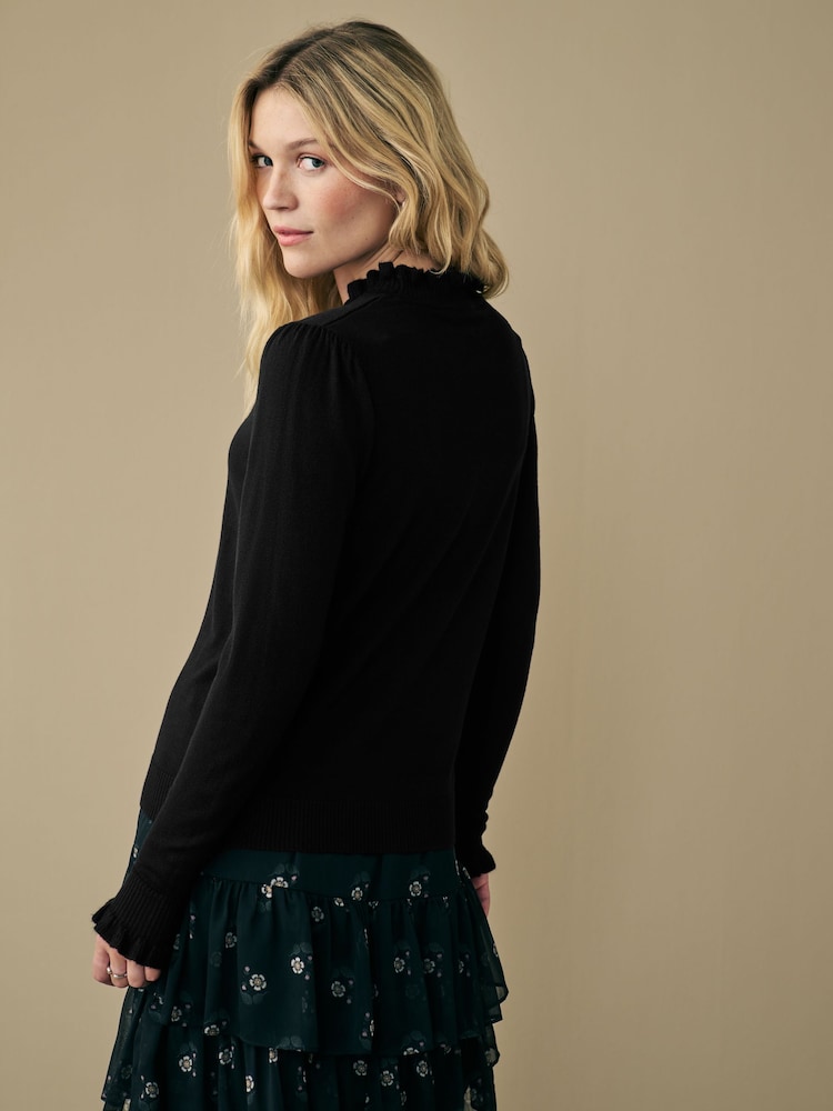 Laura Ashley Black Frill Trim Polo Neck Jumper - Image 2 of 4