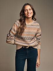 Laura Ashley Neutral Fairisle Pattern Crew Neck Jumper - Image 1 of 7