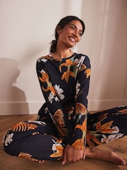 أسود/برتقالي زهور - بيجامة بكُم طويل من القطن 100% من تشكيلة Kew - صورة 2 من 8
