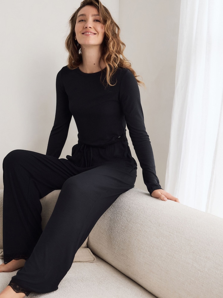 Black Ribbed Lace Long Sleeve Pyjamas - Image 1 of 13