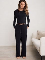 Black Ribbed Lace Long Sleeve Pyjamas - Image 2 of 13