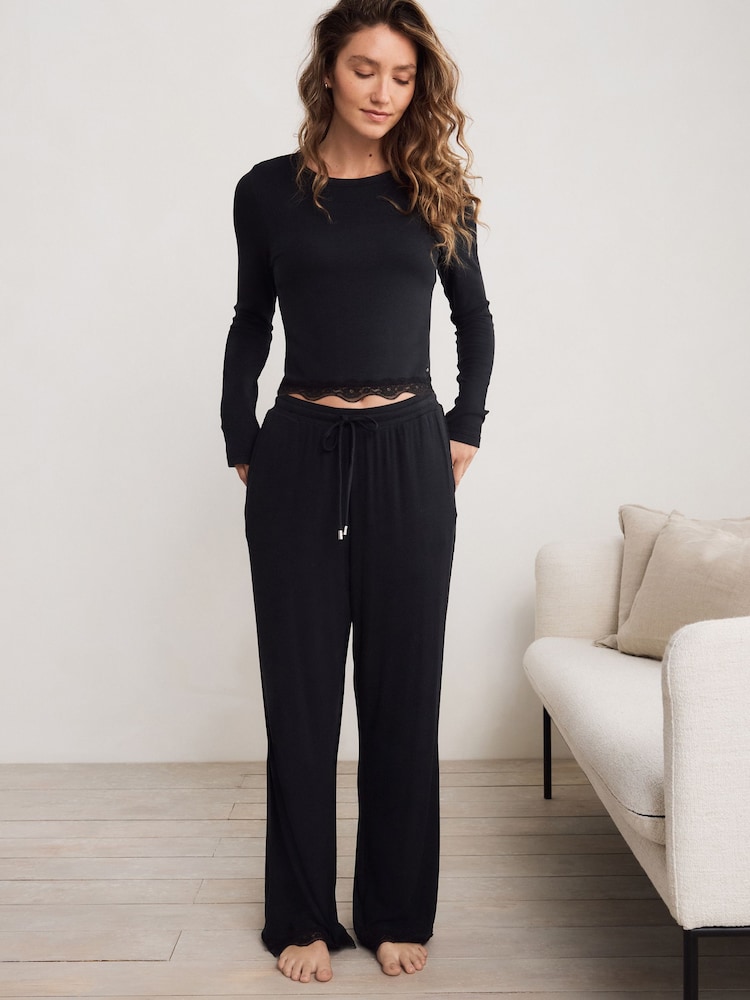 Black Ribbed Lace Long Sleeve Pyjamas - Image 2 of 13