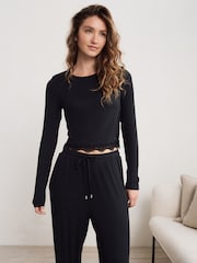 Black Ribbed Lace Long Sleeve Pyjamas - Image 3 of 13