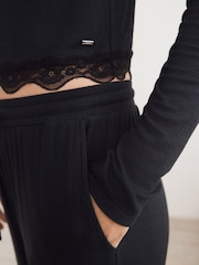 Black Ribbed Lace Long Sleeve Pyjamas - Image 6 of 13