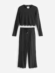 Black Ribbed Lace Long Sleeve Pyjamas - Image 8 of 13