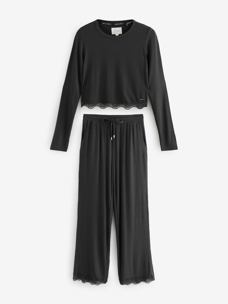 Buy Black Ribbed Lace Long Sleeve Pyjamas from Next Oman