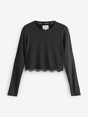Black Ribbed Lace Long Sleeve Pyjamas - Image 9 of 13