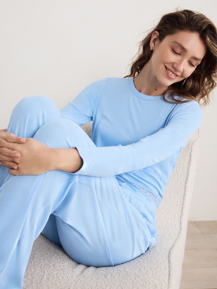 Blue Ribbed Lace Long Sleeve Pyjamas - Image 2 of 11