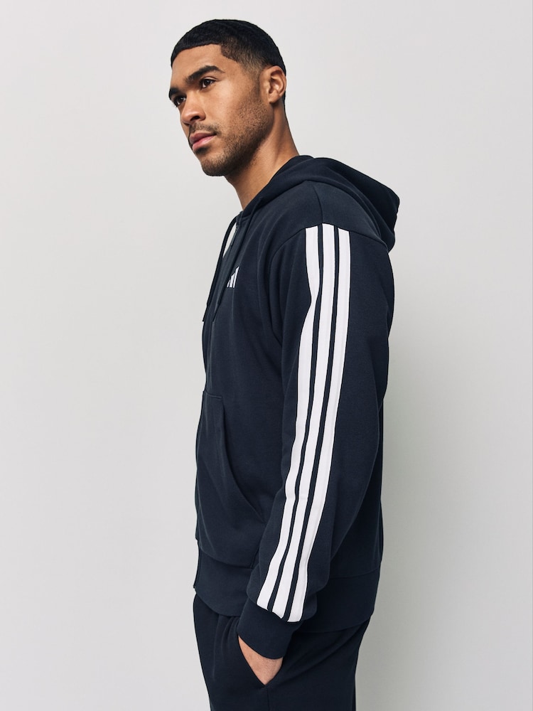 Negru - Hanorac adidas Essentials 3-Dungă Material plușat franțuzesc cu fermoar complet - Image 5 of 7