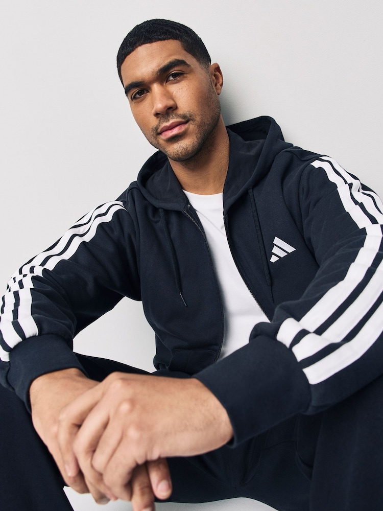 Negru - Hanorac adidas Essentials 3-Dungă Material plușat franțuzesc cu fermoar complet - Image 6 of 7