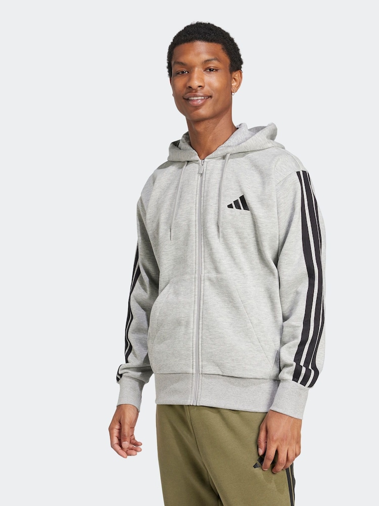 adidas Grey Essentials 3-Stripes Fleece Hoodie - Image 6 of 11