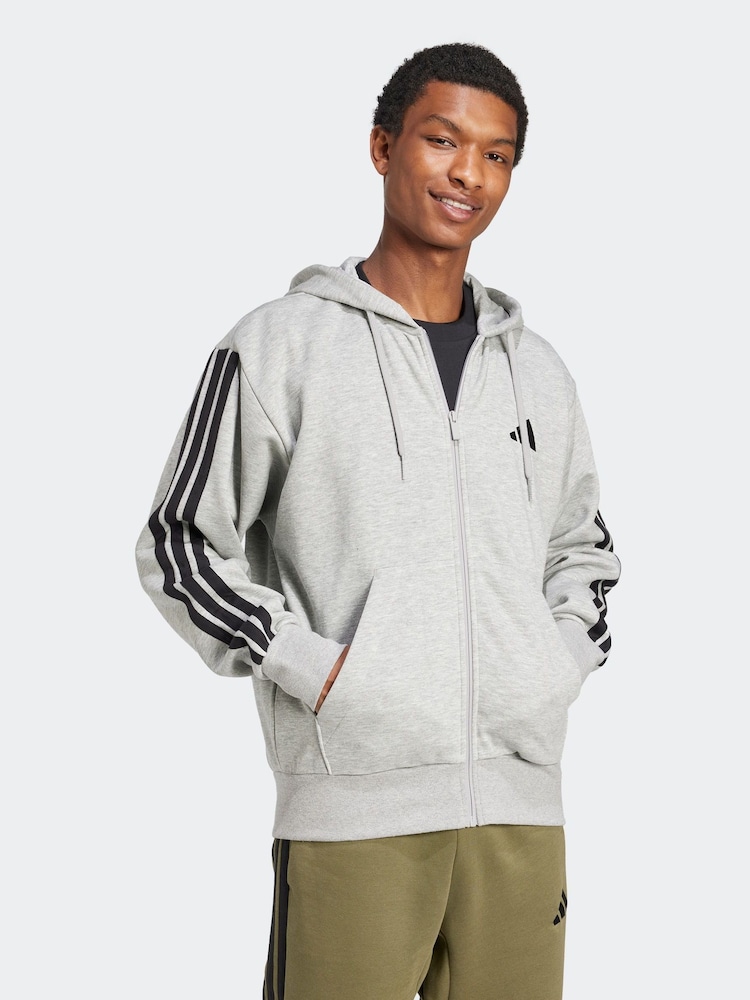 adidas Grey Essentials 3-Stripes Fleece Hoodie - Image 8 of 11