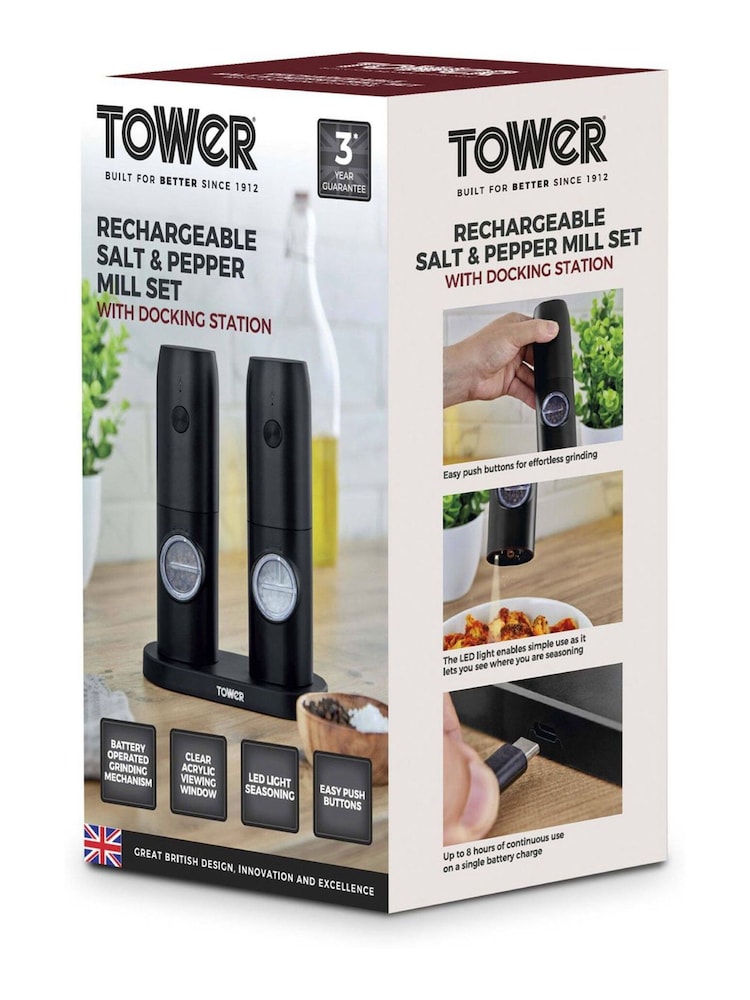 Tower Black Rechargeable Salt and Pepper Mill Set - Image 11 of 11 Tower Black Rechargeable Salt and Pepper Mill Set - Image 11 of 11