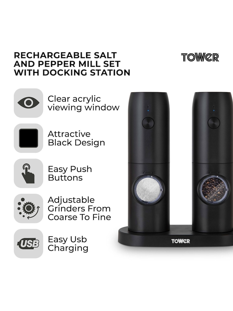 Tower Black Rechargeable Salt and Pepper Mill Set - Image 2 of 11 Tower Black Rechargeable Salt and Pepper Mill Set - Image 2 of 11