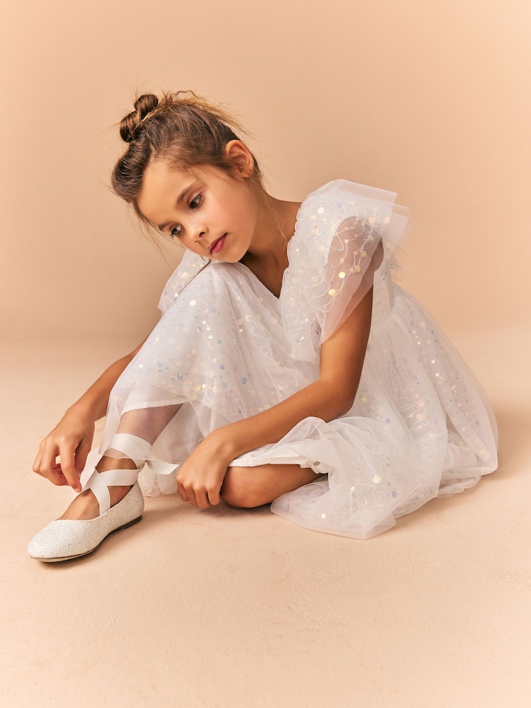 Ivory Glitter Tie Ballerina Occasion Shoes - Image 1 of 8