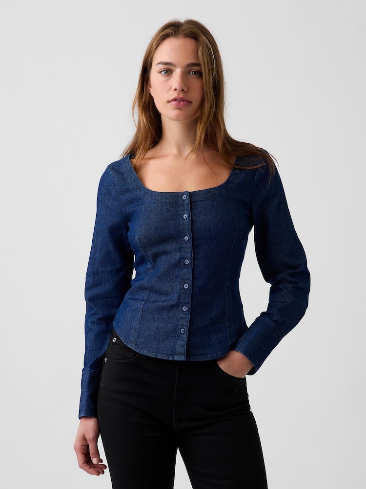 Gap Dark Wash Denim Scoop Neck Top - Image 1 of 4 Gap Dark Wash Denim Scoop Neck Top - Image 1 of 4