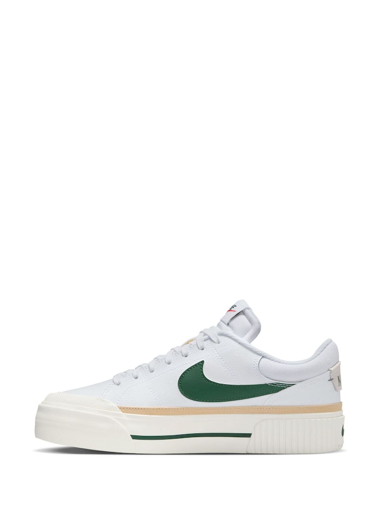 Nike White/Green Court Legacy Lift Platform Trainers - Image 2 of 9
