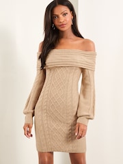 Lipsy Camel Off The Shoulder Knitted Long Sleeve Mini Dress - Image 1 of 4