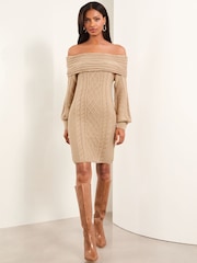 Lipsy Camel Off The Shoulder Knitted Long Sleeve Mini Dress - Image 2 of 4