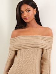Lipsy Camel Off The Shoulder Knitted Long Sleeve Mini Dress - Image 3 of 4