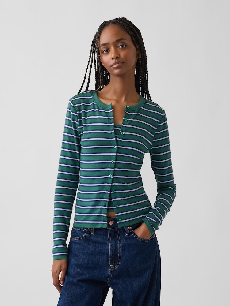 Gap Green Stripe Modern Crew Neck Cardigan - Image 1 of 3 Gap Green Stripe Modern Crew Neck Cardigan - Image 1 of 3