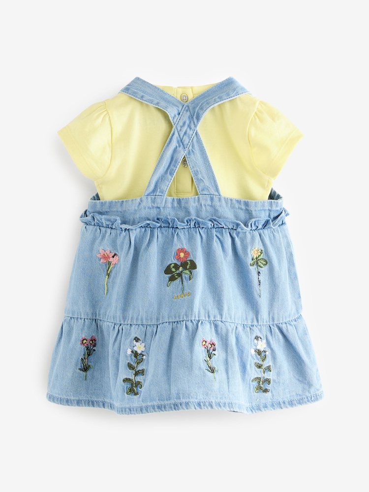 Baker by Ted Baker Blue Floral Embroidered Pinny Dress and T-Shirt Set - Image 2 of 6 Baker by Ted Baker Blue Floral Embroidered Pinny Dress and T-Shirt Set - Image 2 of 6