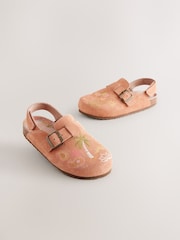 Tan Brown Embroidered Suede Slip-On Clogs - Image 1 of 5
